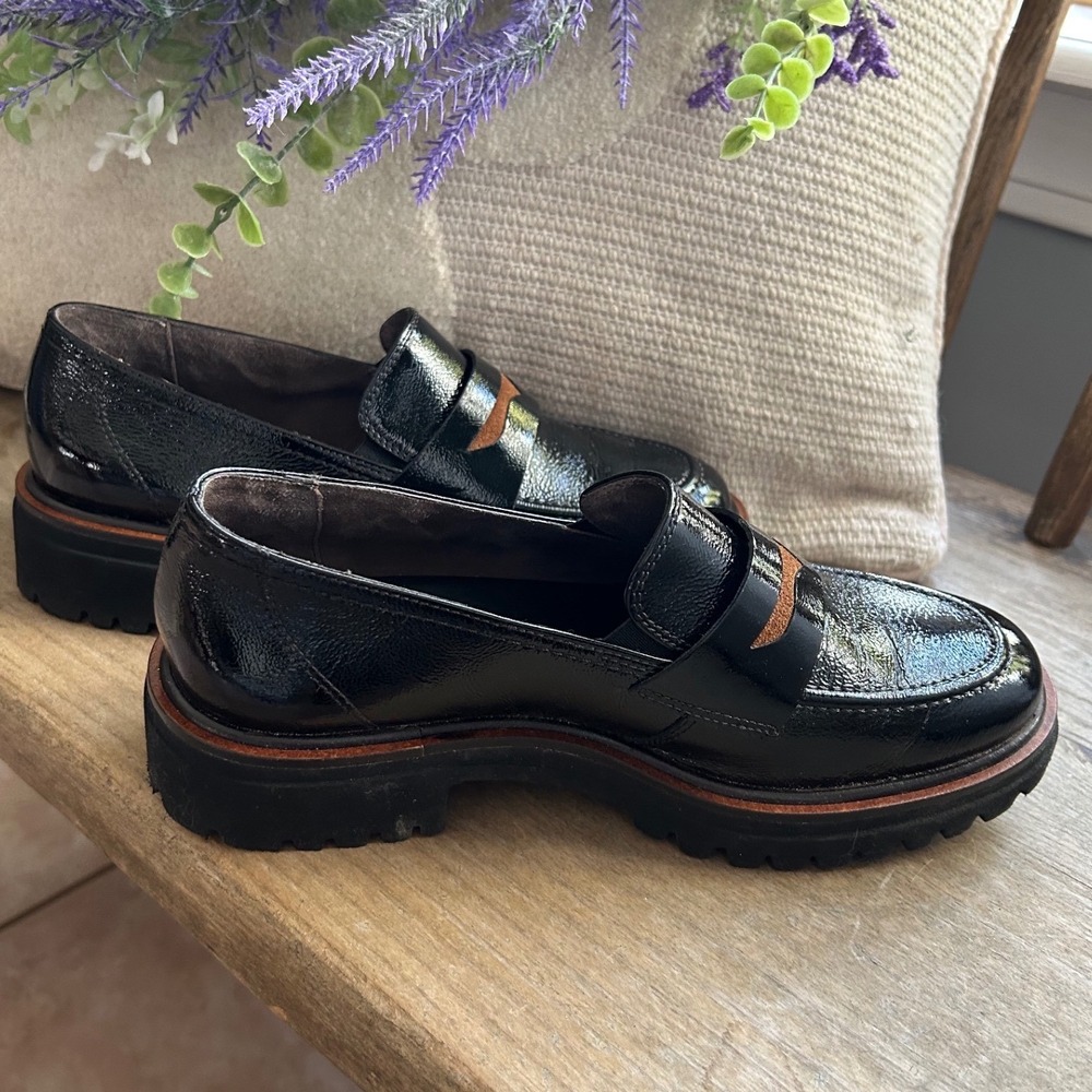 Paul Green Black Patent Leather Chunky Lug Sole Loafers UK Size 3.5/ US 6.